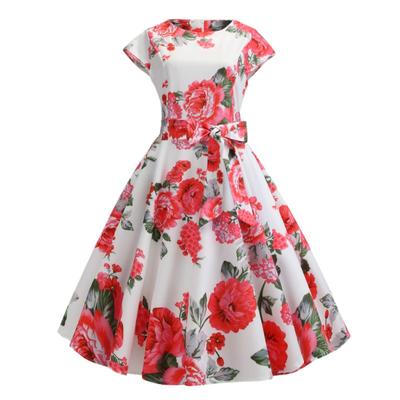 Women's Clothing Is Hot In Summer, Retro Crew Neck Bag, Sleeves, Waist Straps, Slim-fit Printed Pendulum Dress.
