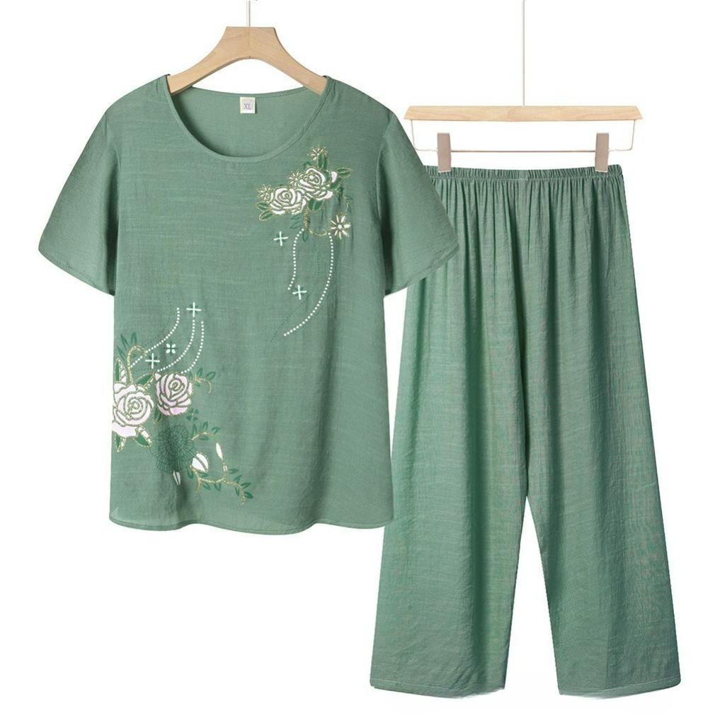 Pajamas Summer Short-sleeved Breathable T-shirt Suit Spring and Autumn Large Size Cotton and Linen Printed Home Service