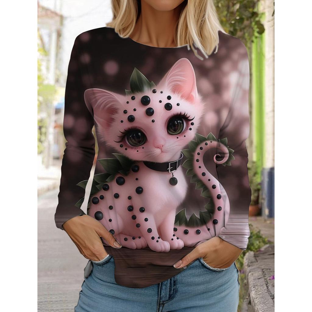 2025 Autumn and Winter Women's Long Sleeve 3D Printed Cute Cat T-Shirt, Streetwear, Round Neck Long Sleeve