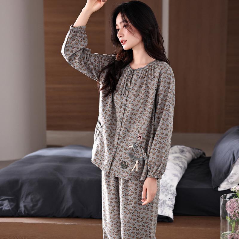 Pajamas women spring and autumn autumn pure cotton long-sleeved mother autumn cotton middle-aged large-size cardigan loungewear set