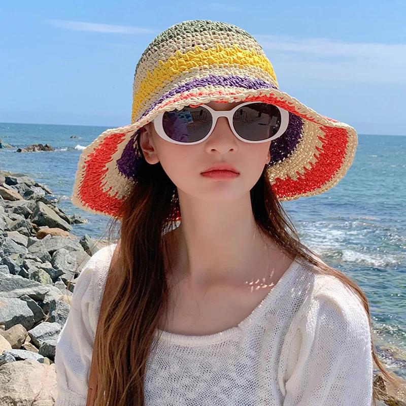 Regenbogen Strohhut Damen Sommer Sonnenschutz Handgehäkelt Großer Rand Eimerhut Damen Strand Sonnenhut Boho Dame Mädchen Mode Hüte