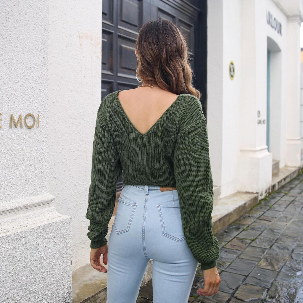 Women Autumn Winter Cropped V Neck Knotted Sweater Solid Color Balloon Sleeve Sizes S to L