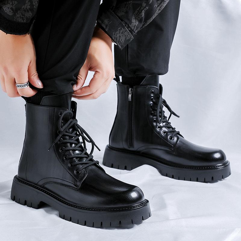 Fashion Mens Genuine Leather Footwear Metal Zipper Male Motorcycle Boots Lace-Up Casual Ankle Boots Outdoor Warm Plush Fur Winter Shoes