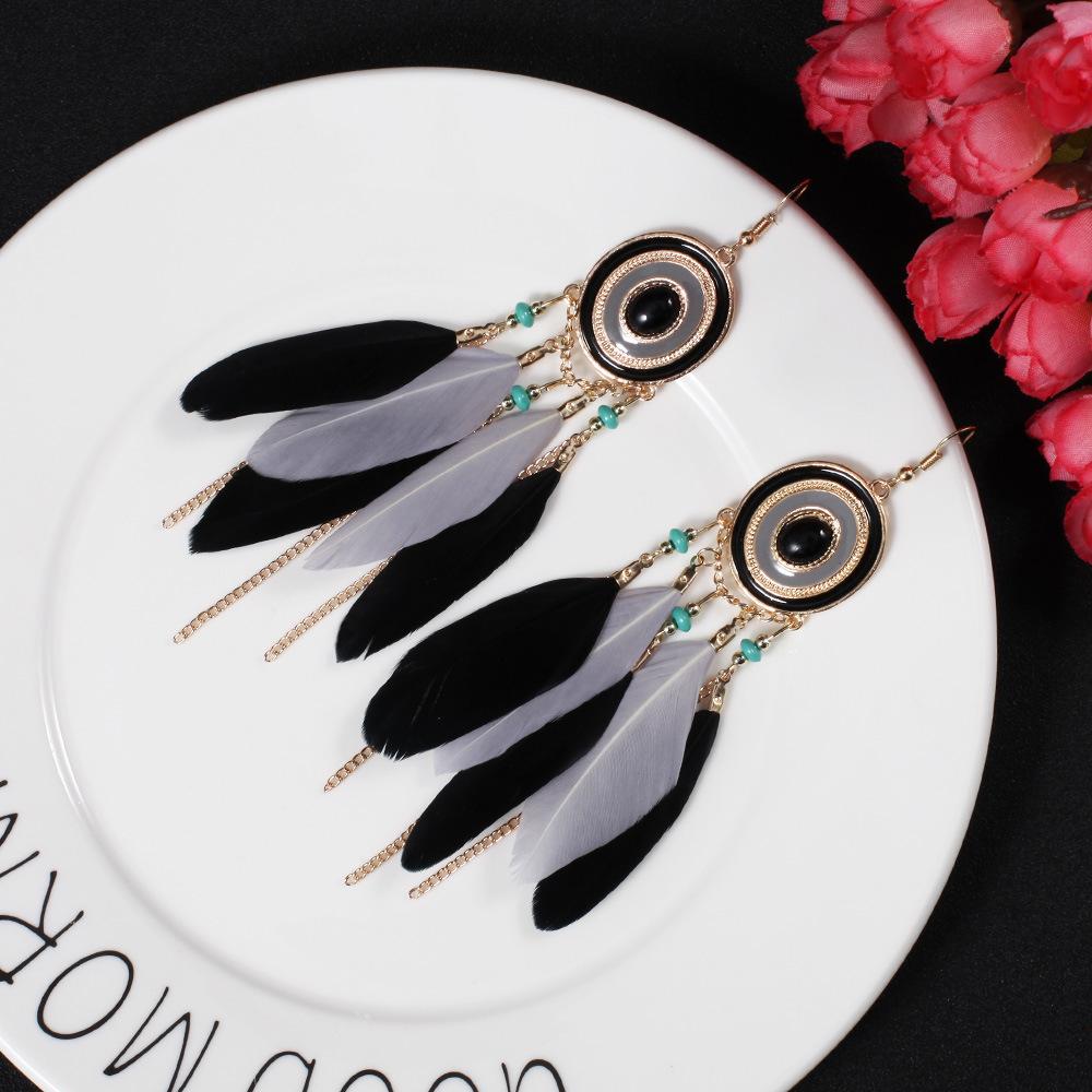 Bohemian Tassel Chain Feather Earrings for Women Unique Long Oval Drop Glaze Handmade Dangle Earring Pendiente Mujer Accessories