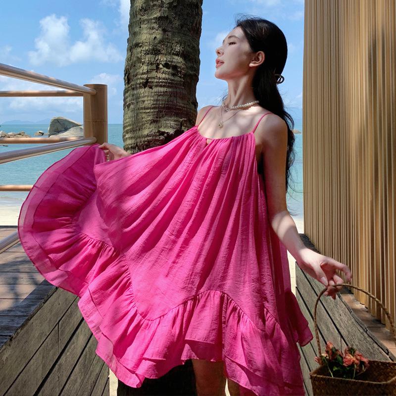 2025 Summer French-Inspired Socialite Puff A-line Spaghetti Strap Beach Dress