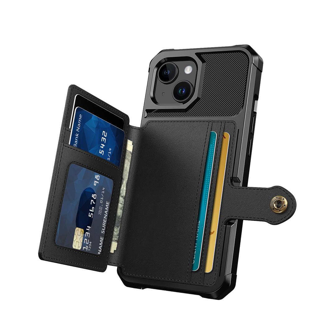 For iPhone 15 Plus Card Slots Wallet Phone Case PU Leather+TPU Anti-fall Cover Support Magnetic Car Mount