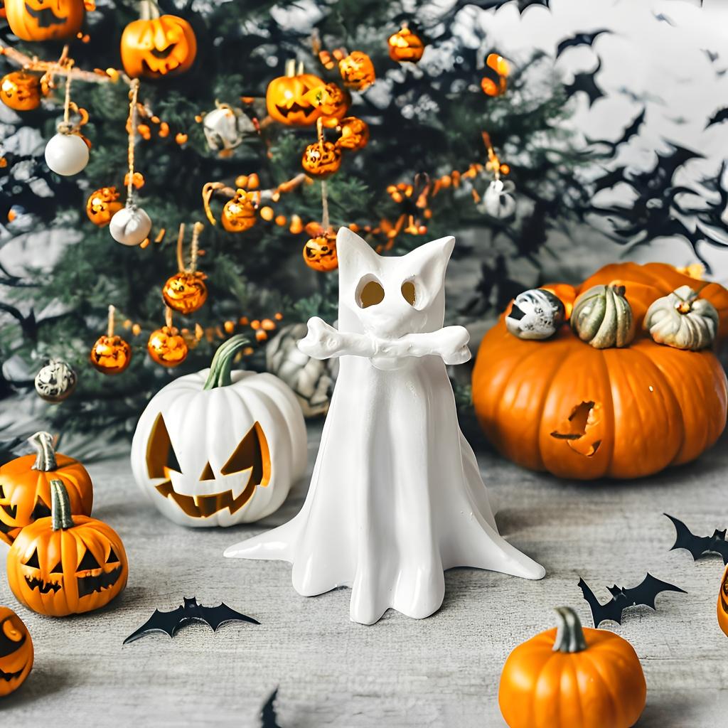Statue de Chien en Résine - Décor d'Halloween Mignon Effrayant Figurine Blanche en Résine pour Jardin Fête à Thème Sorcière - Sans Bougies, Accessoires d'Halloween
