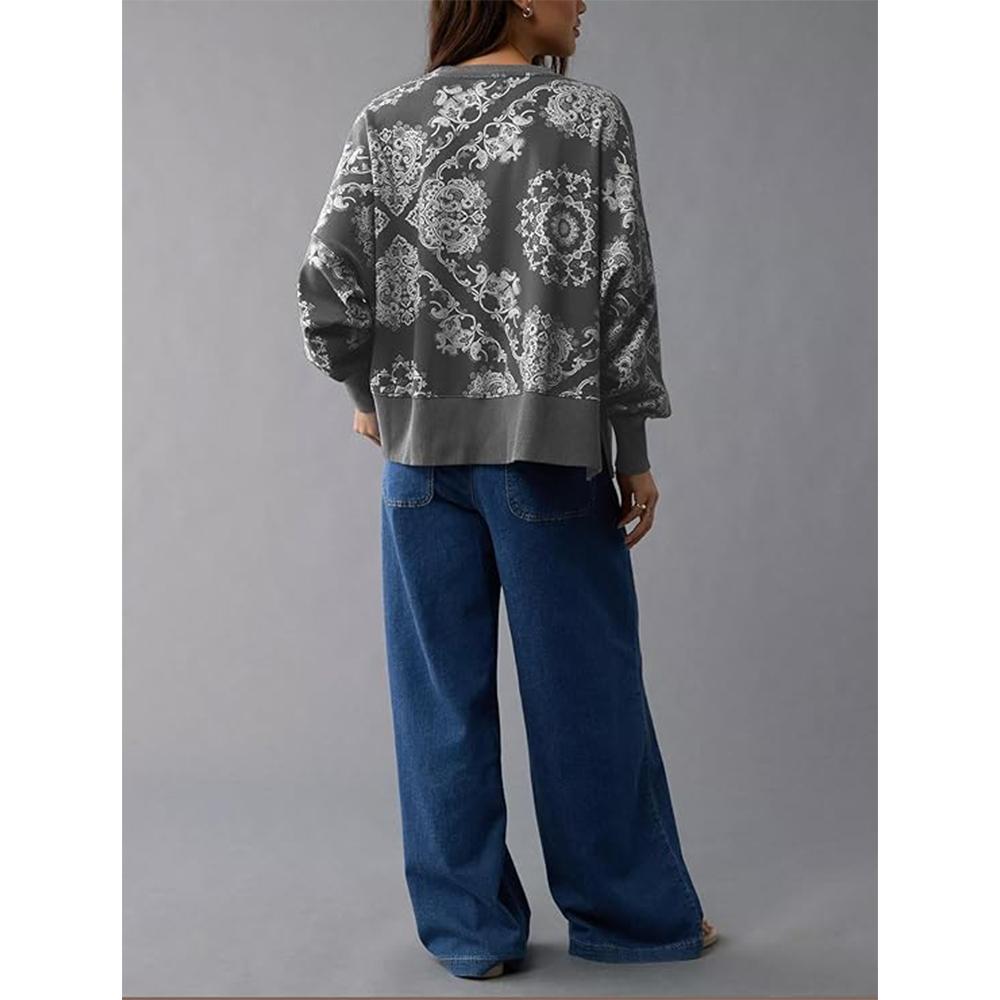 Women's Retro Pattern Crewneck Sweatshirt Bohemian Print Long Sleeve Casual Pullover