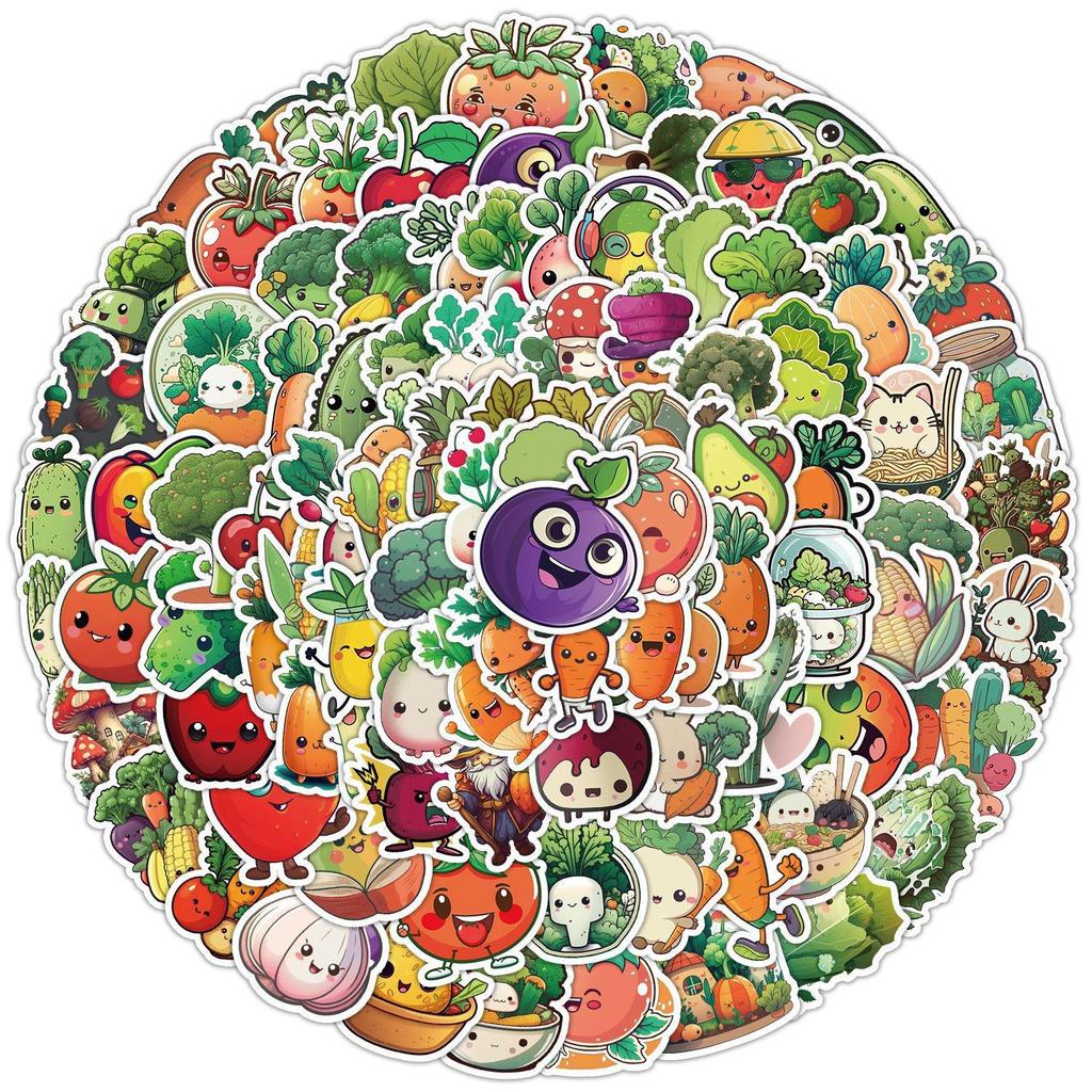 50/100 Cute Watercolor Fruit & Vegetable Doodle Stickers: Waterproof Decor for Bottles & Computers