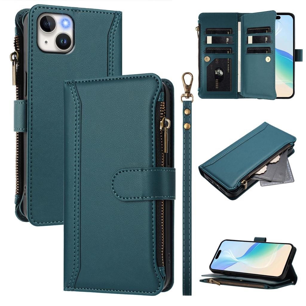 For iPhone 15 Plus Leather Case 9 Card Slots Zipper Wallet Stand Phone Cover with Wrist Strap