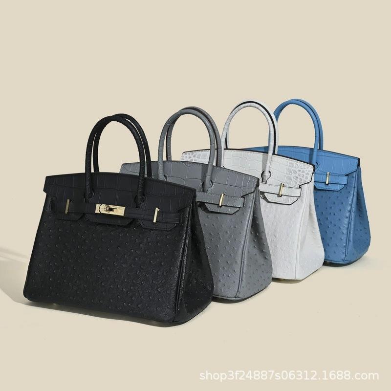 Grenzüberschreitend 2025 neue europäische und amerikanische Tasche Rindsleder erste Schicht Straußenmuster Leder Damenhandtasche große Kapazität lässige Handtasche