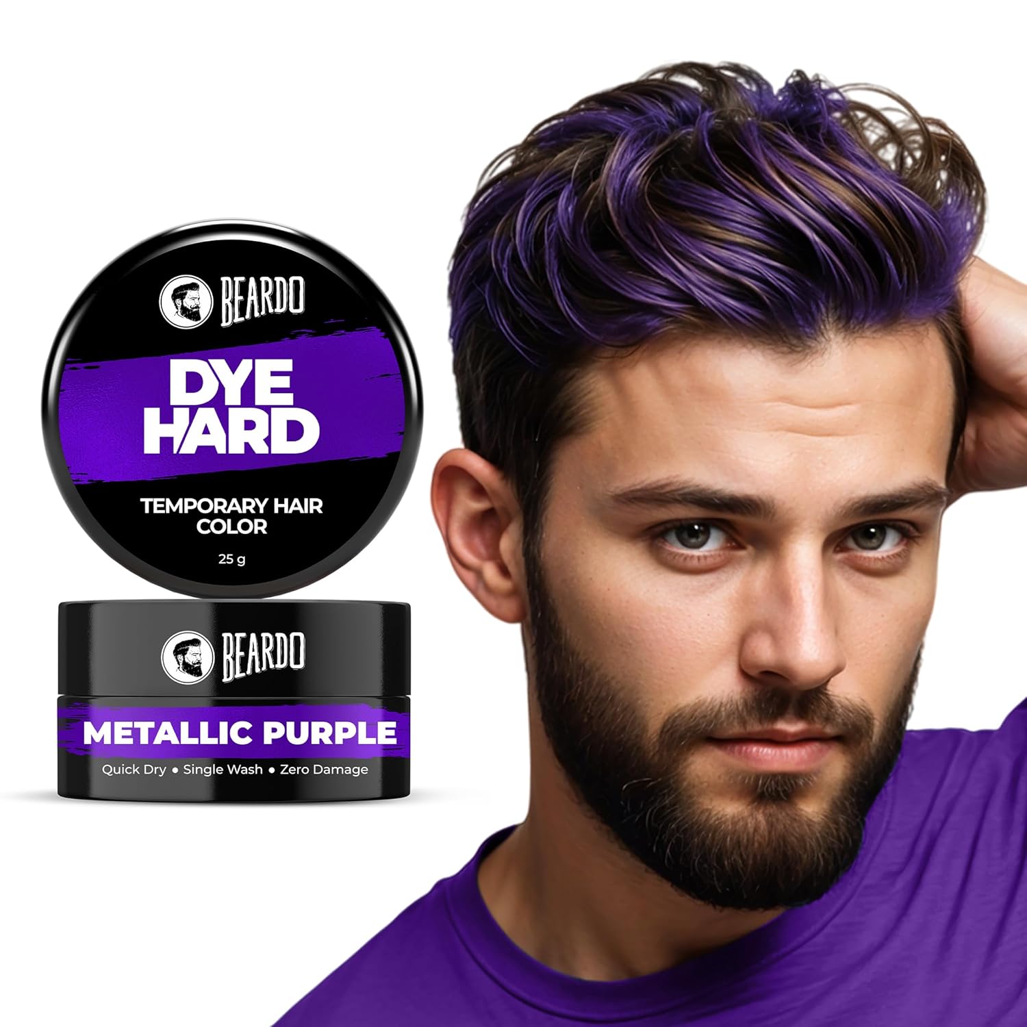 Beardo Dye Hard Temporary Hair Color 25g Metallic Purple For Men 1-Day Wash DIY Instant Hair Makeup