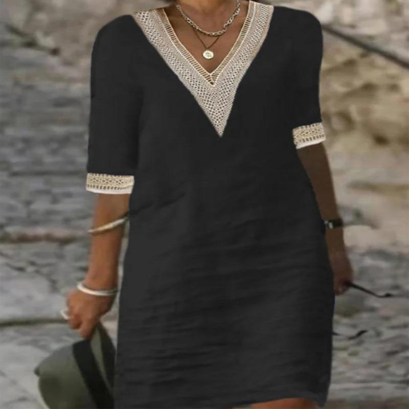 

Spring and Summer Solid Color V-neck Cotton and Linen Dress 5XL хакі