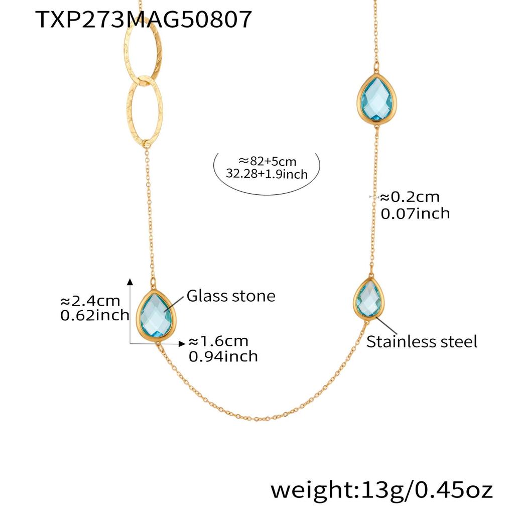 European & American Water Drop Glass Stone Long Sweater Necklace with Hollow Round Ring in Non-Fading Titanium Steel
