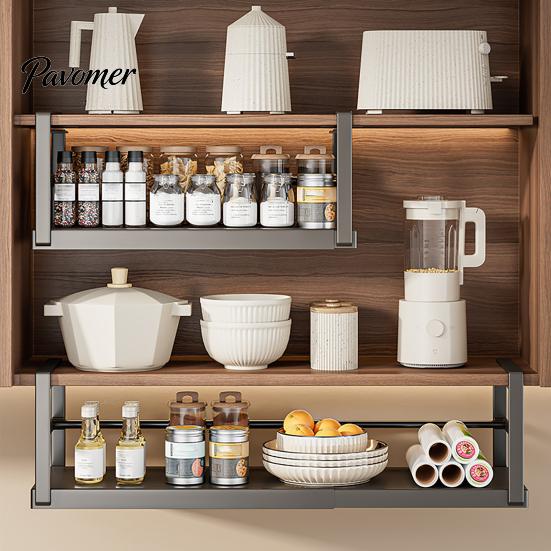Expandable under Shelf Storage Rack Punch-free Hanging Slide-in Cabinet Organizer Stainless Carbon Steel Kitchen Pantry Countertop Spice Holder