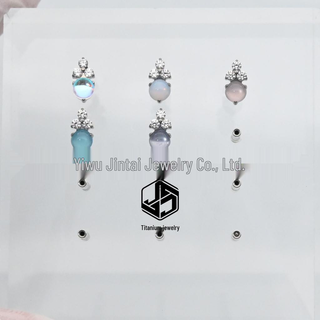 F136 Titanium Moonstone Opal Ice Cream Earrings with Diamond Inlay Lip & Tragus Studs