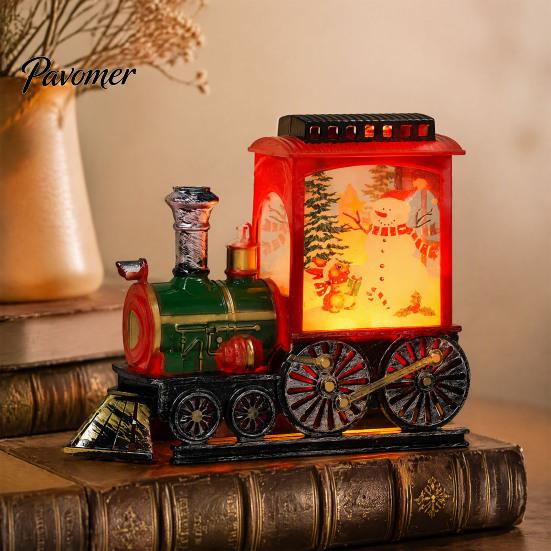 Snowy Christmas Night Ornament Train Snow with Light, Battery Powered Winter Desktop Decor Decoration, Swirling Glitter Decor, Lighted Tabletop