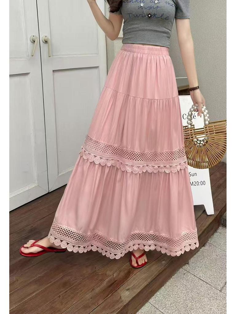 French Lace Patchwork A-line Elastic Waist Skirt