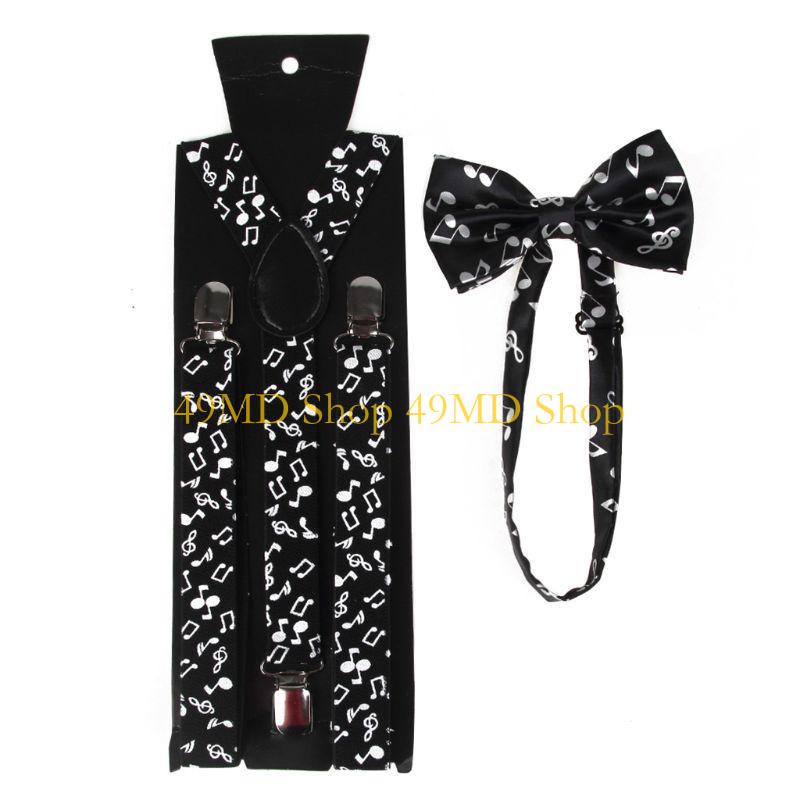 

49MD Men Women 2 In 1 Suspenders Bow Tie Set Black White Music Notes Piano Keyboard Print Adjustable Y-Back Belt Necktie Stage