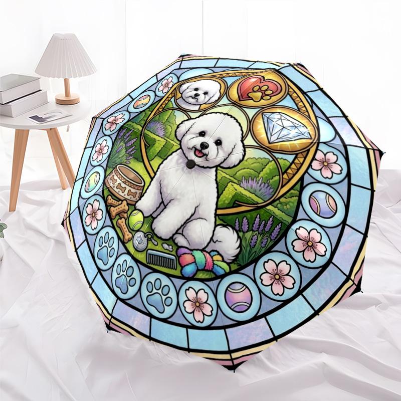 Glass Bichon Frise pattern umbrella, portable and foldable design, 8 ribs, a casual accessory for Halloween, Christmas, and birthday gifts.