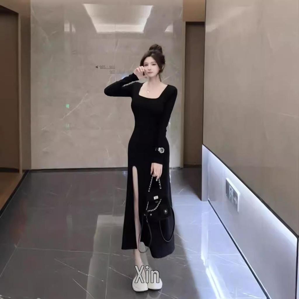 Elegant Long Slit Hepburn Black Dress for Autumn
