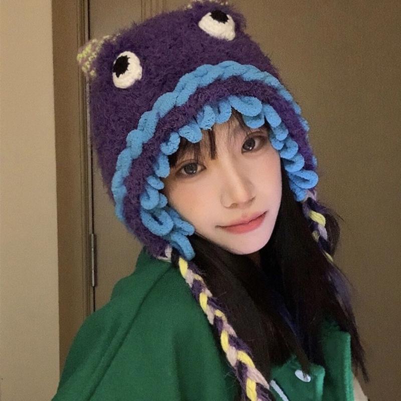 Winter Warm Plush Hat for Women Funny Monsters Hat Hooded Skull Hat Outdoor Activity Cap Windproof Headwear Pullover Hat