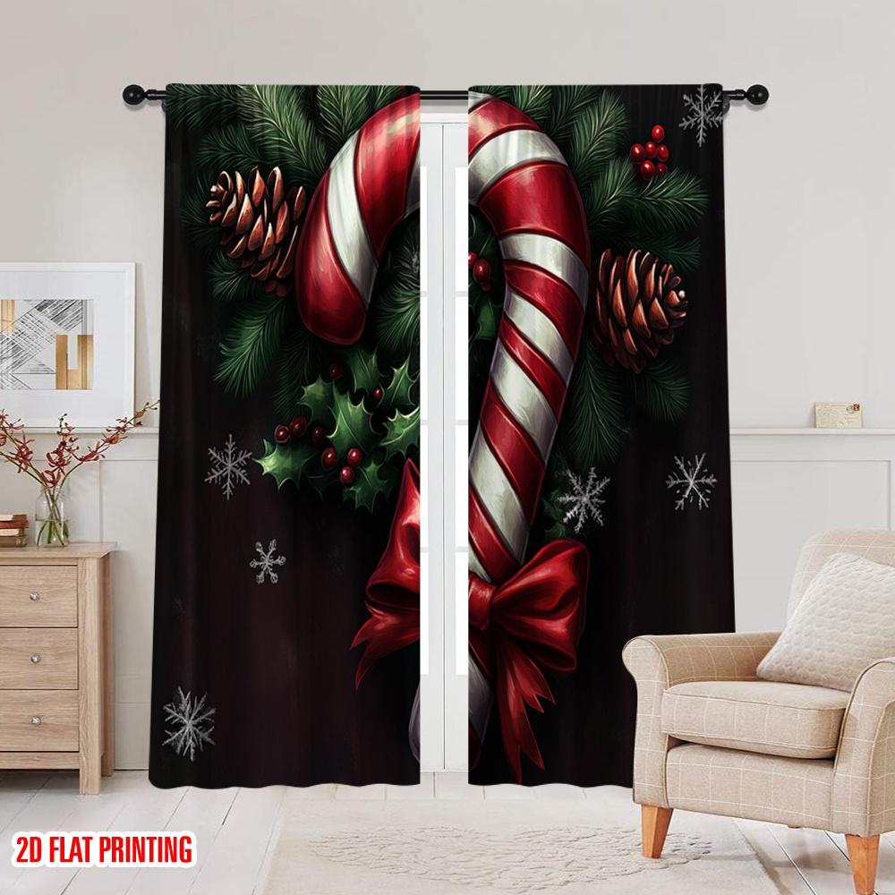 2 Stück, 2D-Flachdruck Beliebte Vorhangpaneele Weihnachts-Zuckerstange Tannenzapfen Schleife (2) 100% Polyester (ohne Stange) Urlaub für
