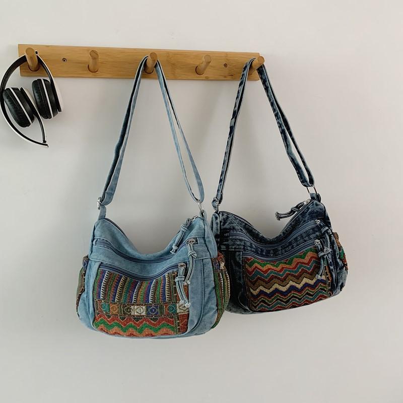 Simple Women’S Denim Shoulder Bag Ladies Small Multi-Pocket Zipper Closure Stylish For Daily Use Shopping Travel