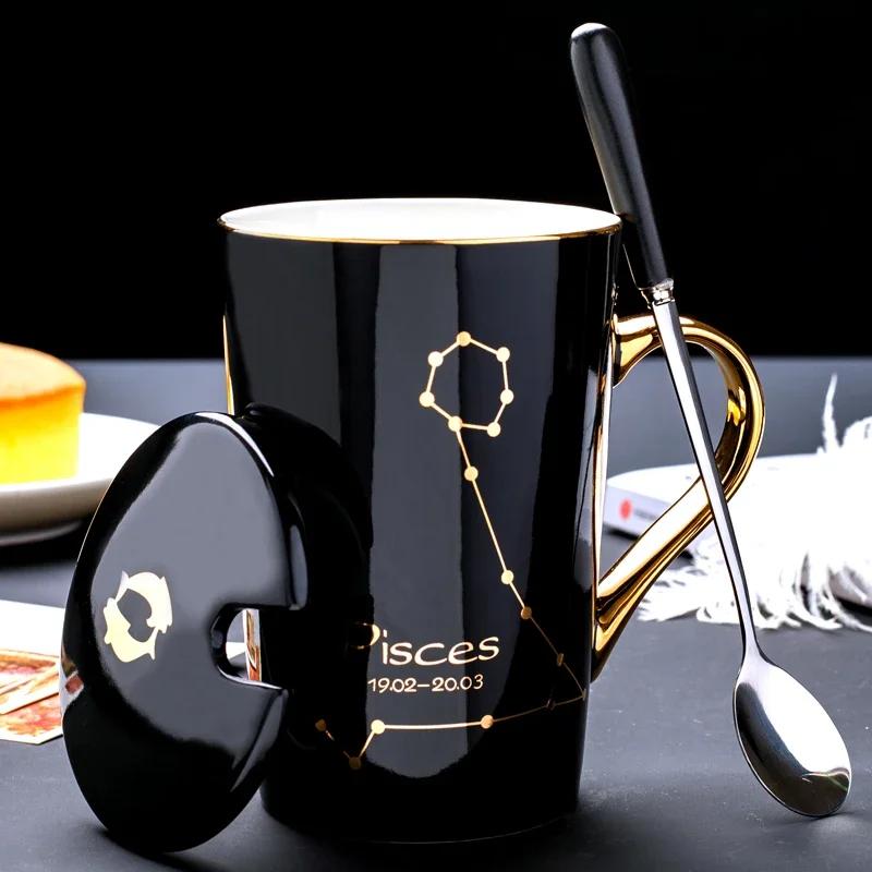 

Creative Fashion Luxury White Black 12 Constellation Gold Patterned Ceramic Coffee Cup With Covered Spoon And Gold Handle As A K 301-400 ml