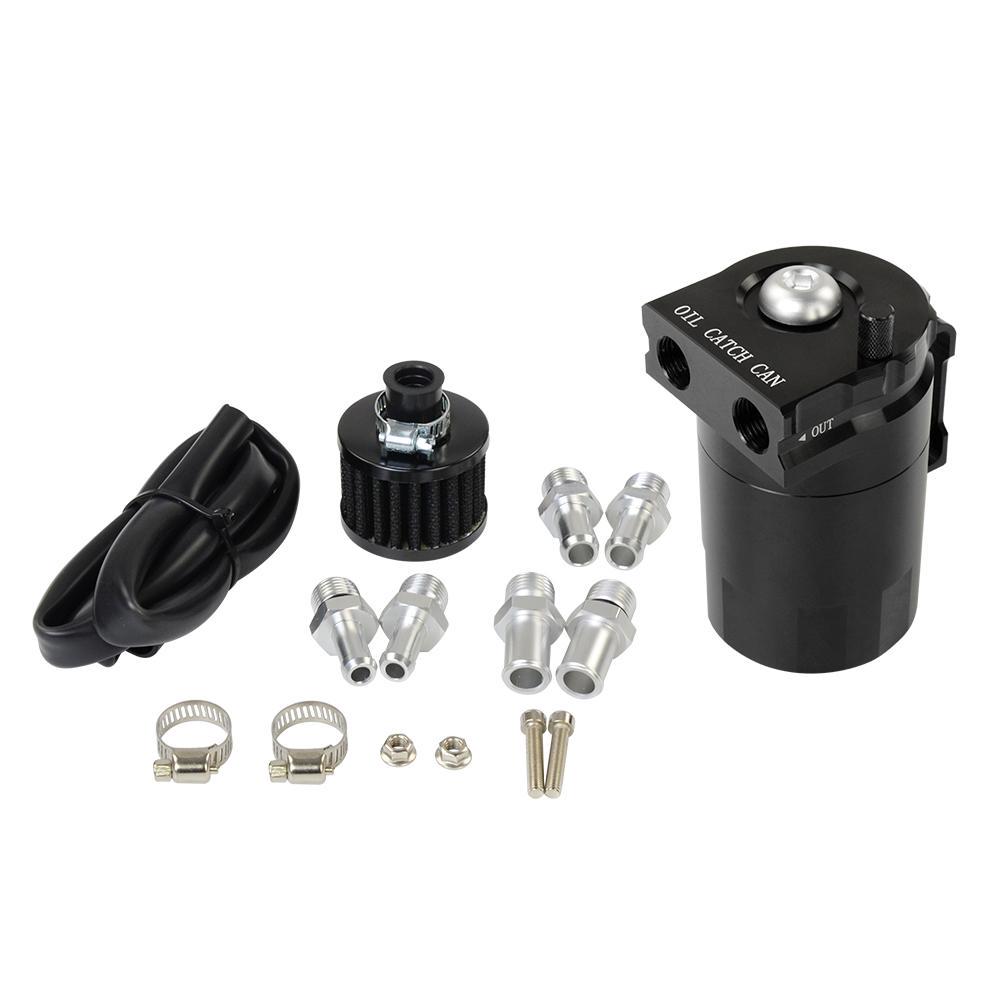 Universal Black Baffled Aluminum Oil Catch Tank Can Reservoir Tank with 11mm/15mm Fittings and Oil Dipstick