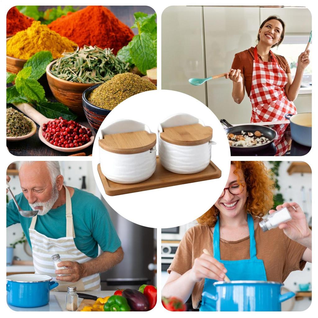 Salt Cellar With Lid Ceramic 2x Salt Holder With Wooden Spoon and Lid Seasoning Box Kitchen Seasoning Storage Jar Salt Holder