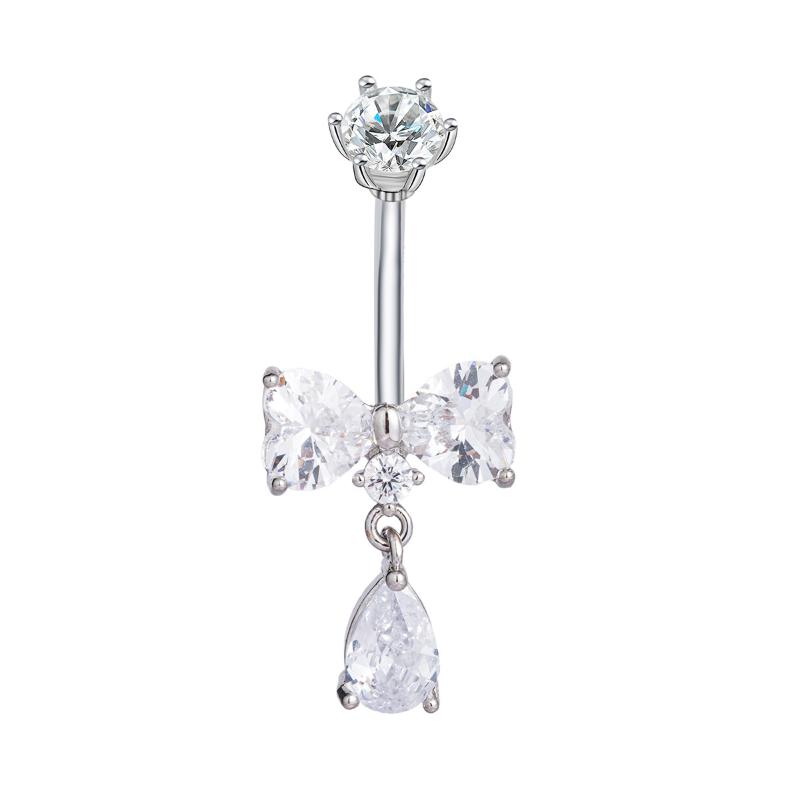 Sweet  Bowknot Heart Navel Ring For Women Girl Exquisite Shining Zircon Belly Button Ring Sexy Body Piercing Jewelry Gift
