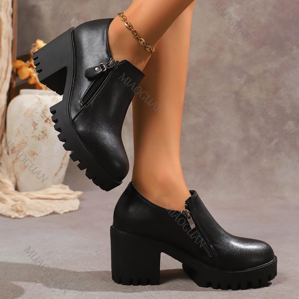 Fashion High Heels Women Leather Shoes 2025 Spring Autumn Thick Bottom Round Head Women Shoes Deep Mouth Side Zipper Pumps for Women