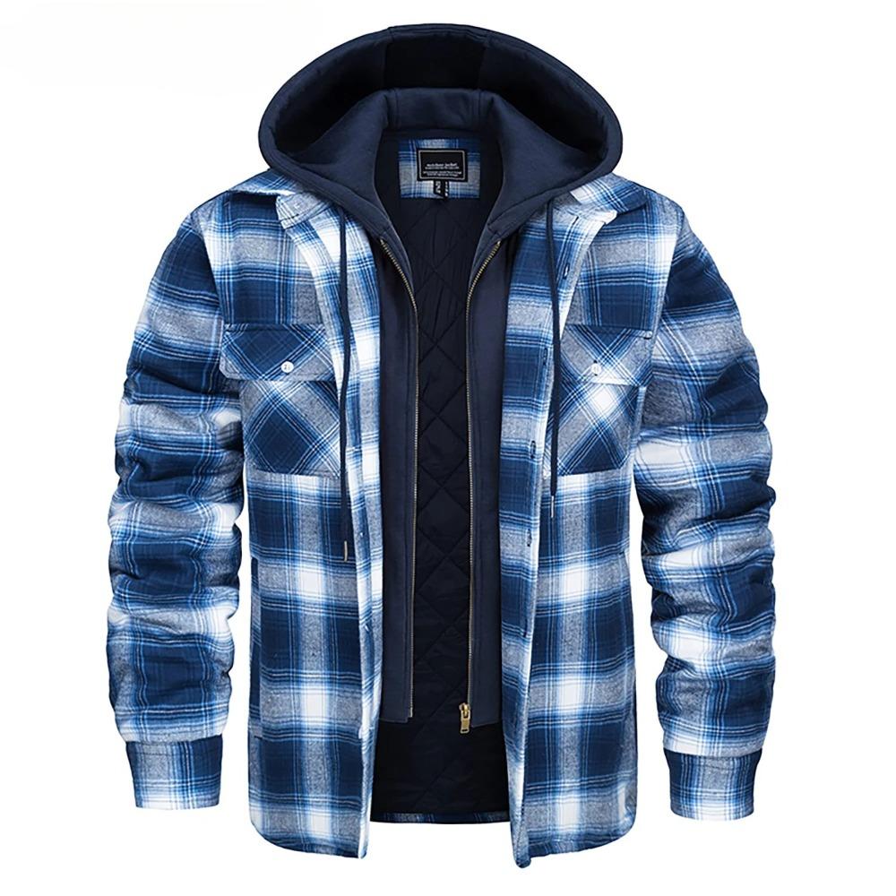 Plaid Flannel Shirt Jacket Men‘s Quilted Lined Coats with Removable Hood Winter Thick Hoodie Outerwear Heavy Shirts
