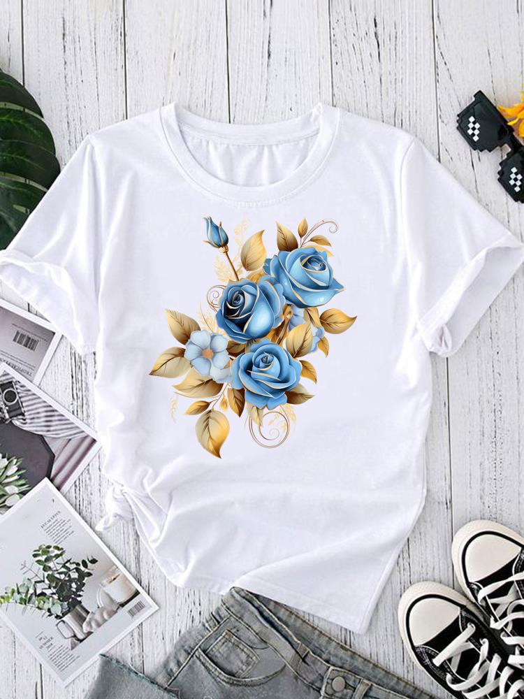 (Asian Size) Print O-neck style flower Fashion Female Casual Women's Top T Clothing Graphic Tee Short Sleeve T-shirts