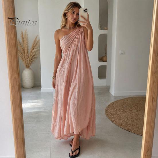 Women Casual Dress Women's Summer One Shoulder Beach Sundress, Pleated A-line Polyester Flowy Long Dress, Loose Travel Vacation Versatile