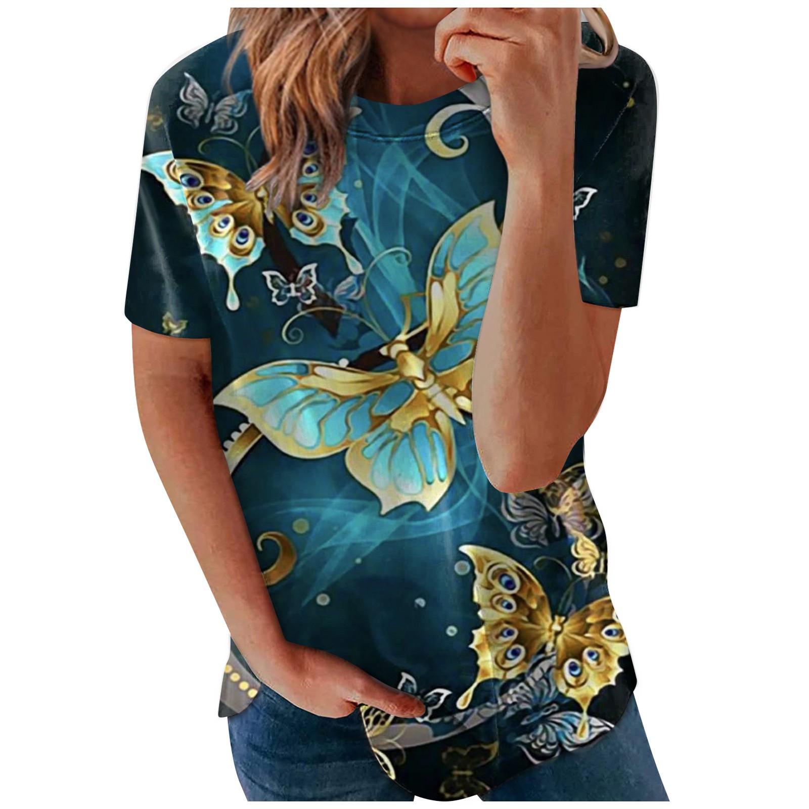 Women s Fashion Casual Print Round-neck Short Sleeves Printed T-shirt XXL
