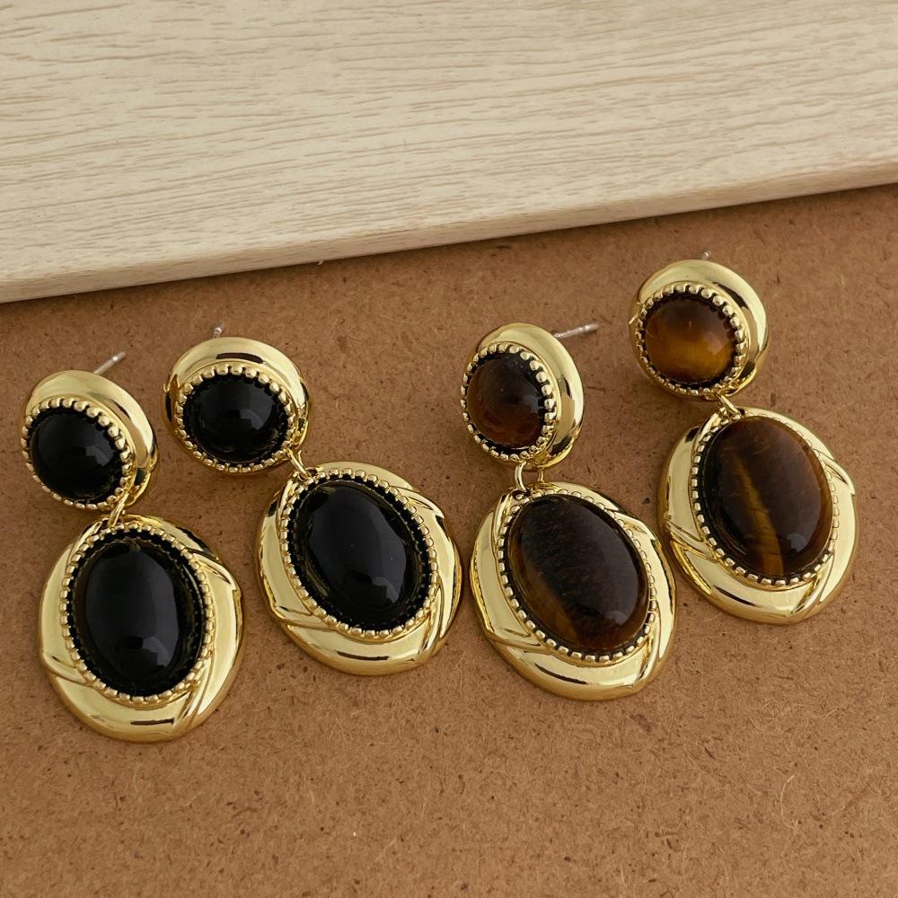 Vintage Oval Natural Stone Beads Tiger Eye Metal Dangle Drop Earrings For Women Real Gold Plated Copper Casual Jewelry