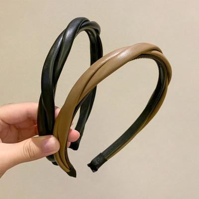 Bandeaux Tressés en Cuir PU pour Femmes Bande Cheveux Torsadée Simple Noir Café Beige Bandeau Filles Accessoires Cheveux Couvre-chef