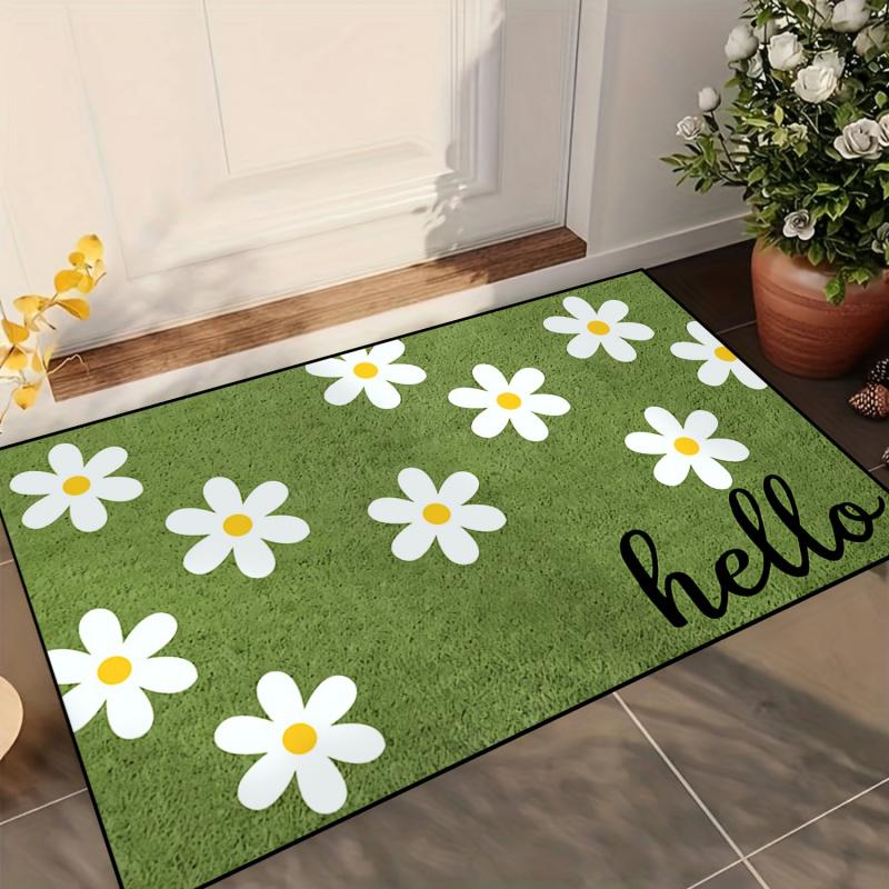 VIKAMA Fresh Daisy Hello Home Door Mat Wear Resistant Entrance Foot Mat Balcony Doorway Decorative Carpet