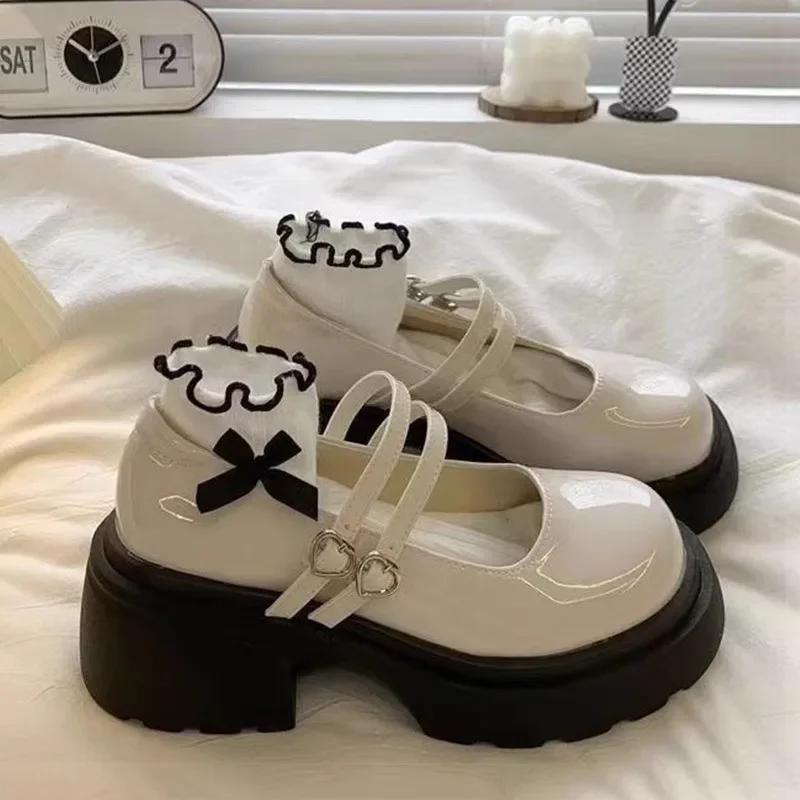 Women's Autumn New Style High Heel Boots with One-Piece Strap Cute Student Mary Jane Shoes Comfortable Polyester Material  Mujer