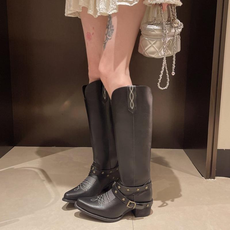 Fashion Hot Selling 2025 new Winter Punk Rivet Knee High Boots For Woman Pointed Toe Chunky Heels Vintage Riding Boots Women Shoes