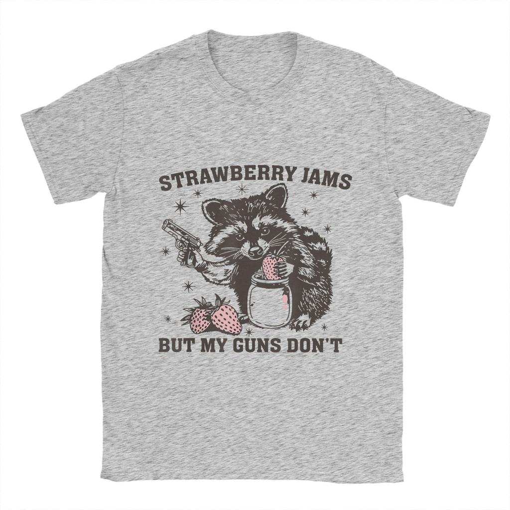 Men Strawberry Jams But My Don't Funny Raccoon T Shirt  100% Cotton Tops Leisure Short Sleeve Crewneck Tees Plus Size T-Shirts