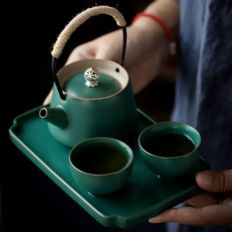 Retro green Kung Fu tea set, household simplicity, one pot, two cups, express cup, tea small set, gift box packaging
