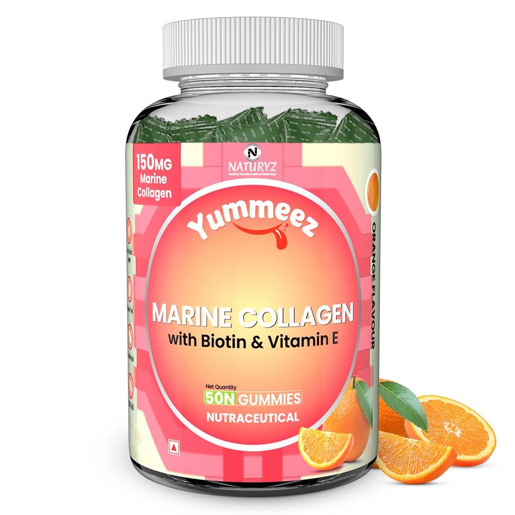 Naturyz Marine Collagen Gummies for Skin Health with Hyaluronic Acid, Vitamin C, Vitamin E & Biotin | Supports Skin Elasticity, Hydration & Glow |