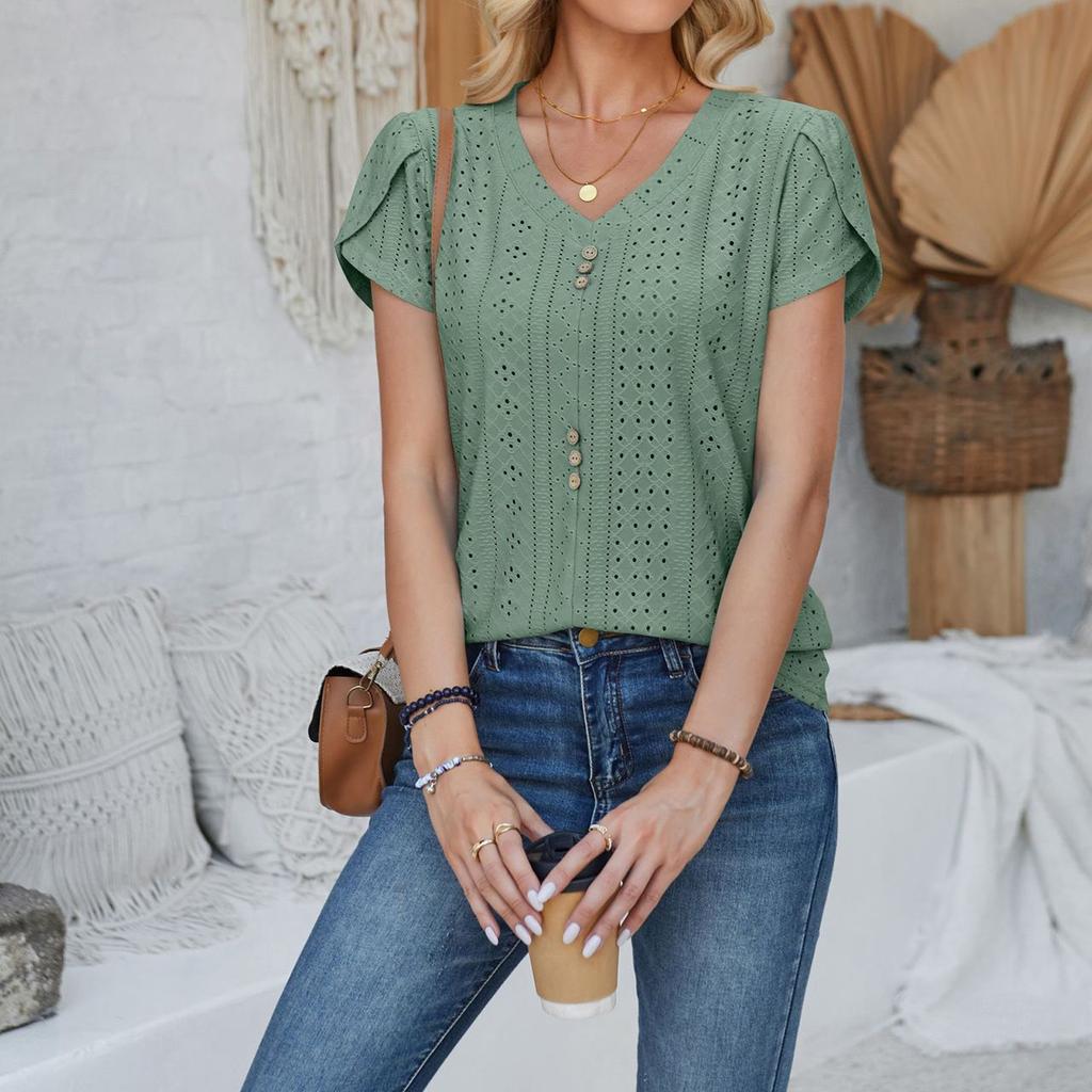 Women's Fashion V-neck T-shirt Court Lock Hollow Short-sleeved Casual Tops