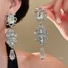 Silver needle crystal square fringed earrings retro exaggerated high-end temperament earrings court style light luxury earrings