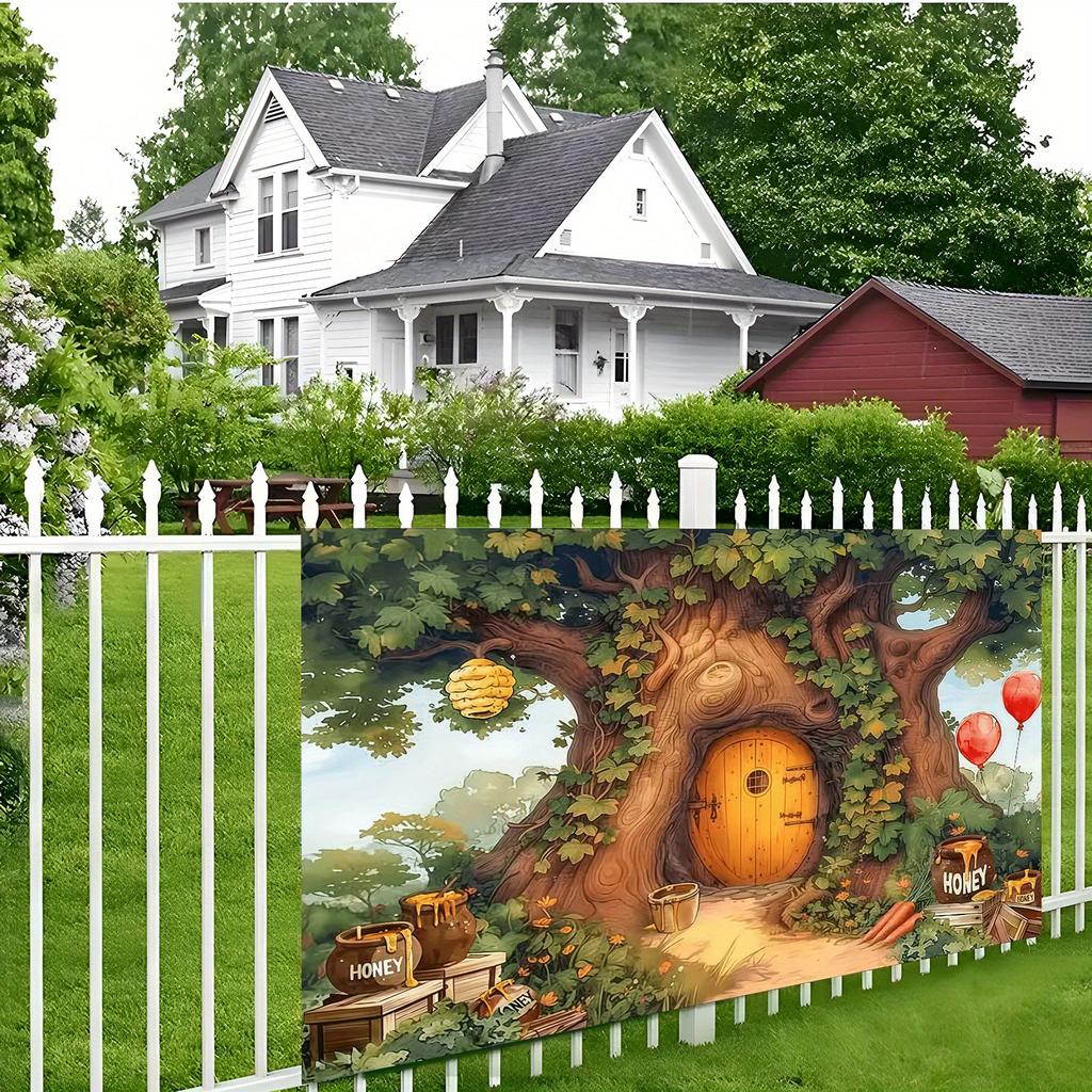 Bannière de fond de dessin animé d'arbre-maison en nid d'abeille plat 2D, décoration de fête d'anniversaire de forêt rurale pour salon