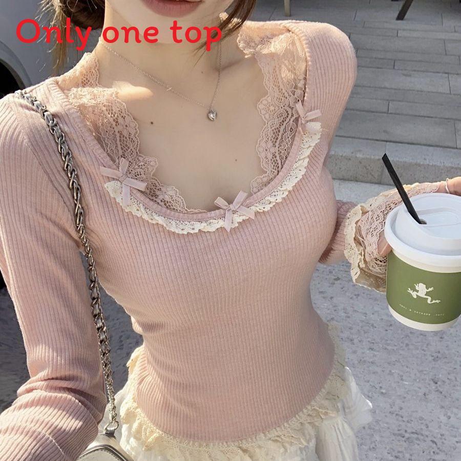 Damski T-shirt z koronkową naszywką, z długim rękawem, casualowy top na wiosnę