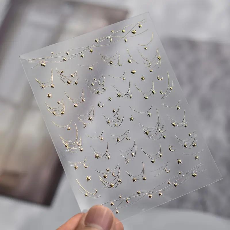 5D French Star Moon Chains Nail Art Stickers Golden/Silvery Curved Lines,Starlight Nails Slider Self-Adhesive Manicure Decals